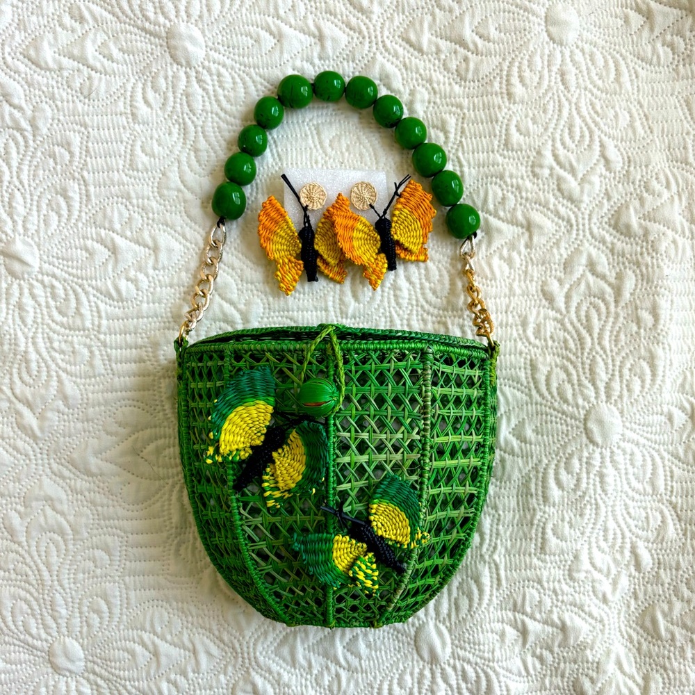 Victoria Dunn Green Woven Butterfly Handbag + Butterfly Earrings